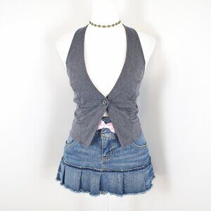 Vintage 00s Y2K Mandee Gray Semi-Cropped Ruched Halter Vest Sz M Corpcore Grunge